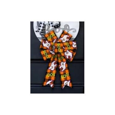 Imagem de 2 peças de laços de guirlanda de Halloween para decoração de Halloween Ghost Boo Buffalo xadrez linho de serapilheira, laços de fita de tecido para festa em casa, decoração interna e externa, enfeite