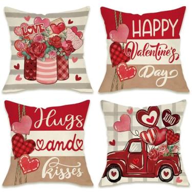 Imagem de Fahrendom Conjunto de 4 capas de almofada decorativas Happy Valentines Day, 45,7 x 45,7 cm, coração vermelho, rosa, caminhão, varanda, varanda, exterior, aniversário romântico, casamento, sofá, capa