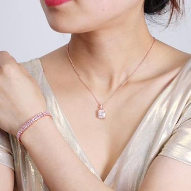 Imagem de Elegante conjunto de pulseira e colar de tênis para mulheres - Joias de corte retangular com pingente Halo CZ - Design brilhante em várias cores, ajustável para casamentos ou uso diário, Adjustable