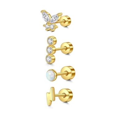 Imagem de Brinco de cartilagem de ouro prateado para mulheres, brincos sem fio, hipoalergênicos, tragus, concha, cartilagem, hélice, joias, 20 g, brincos de segundo furo plano para mulheres, conjunto de pilhas