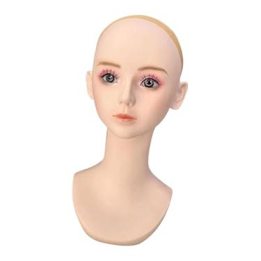 Imagem de oshhni Busto de cabeça de manequim feminino com touca de peruca, suporte de exibição de peruca de PVC realista com maquiagem para enfeite de cabeça,