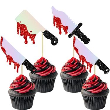 Imagem de Ephlyn 24Pcs Halloween Knife Cupcake Toppers Glitter Scary Bloody Knife Cupcake Picks Killer Birthday Cake Decorations for Happy Halloween Theme Baby Shower Party Supplies
