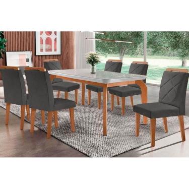 Imagem de Sala de Jantar Completa Londrina Tampo Madeirado c/ Vidro Curvo 180x90cm e 6 Cadeiras Melissa Capuccino/Suede Grafite - Rufato