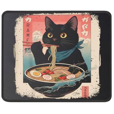 Imagem de Tapete de rato kawaii preto comendo ramen, tapete de rato japonês engraçado estilo anime Ukiyo-e com base de borracha antiderrapante para jogos e escritório, presente para amantes de gatos