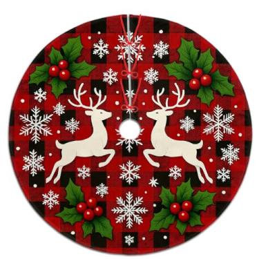 Imagem de Saia para árvore de Natal 91 cm, saia de árvore de Natal xadrez buffalo, rena, floco de neve, azevinho, enfeites de árvore de Natal para casa de fazenda, decoração de árvore de Natal, decoração de