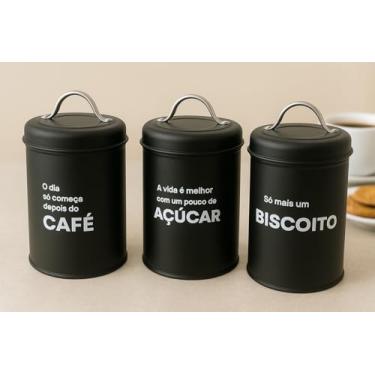 Imagem de KIT 3 POTES LATA DE MANTIMENTOS E BANDEJA, ARMAZENAMENTO. INDUSTRIAL PRETO - FRASES