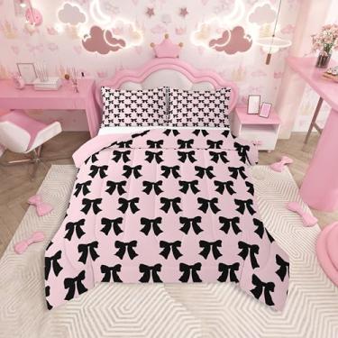 Imagem de Feelyou Conjunto de edredom com laço fofo, tamanho solteiro, coquete, laço, fita e laço para quarto de crianças, meninos, meninas, decoração de laço, microfibra ultramacia e respirável