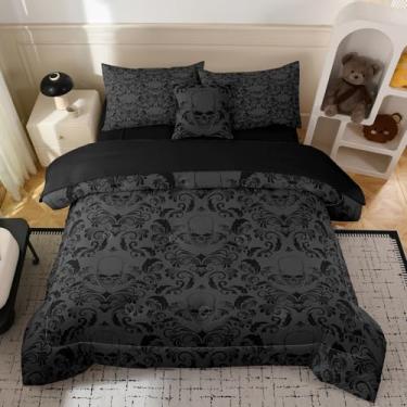 Imagem de Yadangxiawa Jogo de cama gótico de 6 peças, solteiro, gótico, para adultos, com 1 colcha + 1 lençol de cima + 1 lençol com elástico + 2 fronhas + 1 capa de almofada (caveira solteiro)