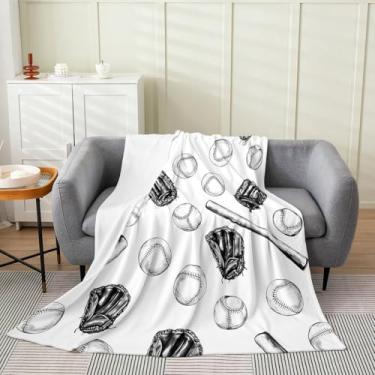 Imagem de Homewish Cobertores de flanela para jogadores de beisebol, esboço de luvas de taco de beisebol, cobertor felpudo para crianças, meninas, meninos, adolescentes, bola esportiva, cobertor felpudo preto