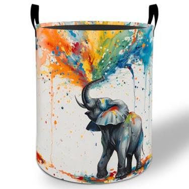 Imagem de Cesto de lavanderia colorido de elefante, 50 x 40 cm, balde de armazenamento de roupas Oxford artístico dobrável à prova d'água para quarto, banheiro, quarto de bebê, organizador de brinquedos