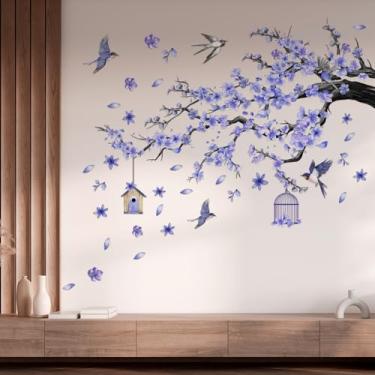 Imagem de Runtoo Adesivos de parede de flores e pássaros azul flor de cerejeira ramos de árvore descascar e colar decalques de arte de parede para sala de estar quarto banheiro decoração
