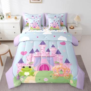 Imagem de Feelyou Jogo de cama castelo sonhador solteiro com lençol para crianças, meninos, meninas, princesas, 7 peças, carruagem de abóbora em uma bolsa, decoração de quarto de sapo fofo, microfibra leve e