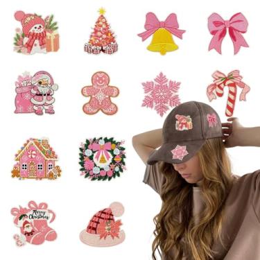 Imagem de 12 peças de adesivos de Natal bordados rosa fofos adesivos de transferência de calor de inverno Natal pequeno floco de neve doce cana árvore boneco de neve costurados em roupas jeans, jaquetas