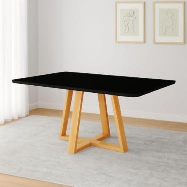 Imagem de Mesa de Jantar Luxo 160x90 Tampo Mdf/vidro para 6 Lugares Pés Madeira Maciça Pérola - Mel/preto