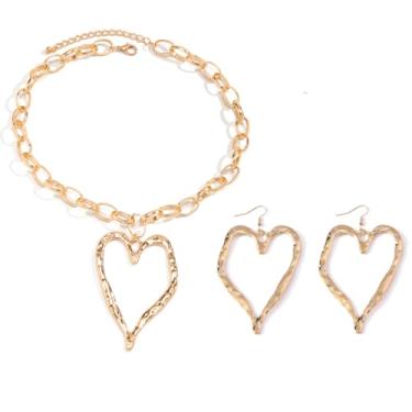 Imagem de WLL Y2K Conjunto de brincos de colar de coração grande para mulheres grosso grande coração declaração colar moderno brincos pendentes joias, 8*5.5cm, Zinco, Sem Pedra Preciosa