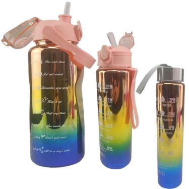 Imagem de Garrafa Motivacional Metalica Kit 3 Metalica Agua Cha Treino Academia Viagem Passeio 2 Litros 900ml 300ml