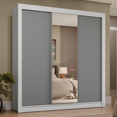 Imagem de Guarda-roupa Casal 3 Portas De Correr Com Espelho 4 Gavetas Branco/cinza Sublime Plus Madesa Branco/cinza
