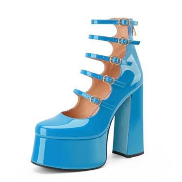 Imagem de Perisis Botas femininas plataforma Mary Janes salto alto bloco grosso cano curto bico fechado botas botas gótico lolita sapatos, Azul, 38