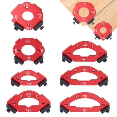 Imagem de 7 peças de modelos de roteador de raio, conjunto de gabarito e gabarito de raio de canto redondo de liga de alumínio RT10-RT60 para roteadores, ferramenta de corte de madeira de canto de mesa