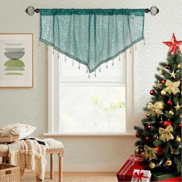 Imagem de Bentrilisa Cortina de lantejoulas com contas verdes, sanefas, bolso para varão, triângulo, cortina curta recortada com acabamento vintage para cozinha, festa, 1 painel, 130 x 61 cm