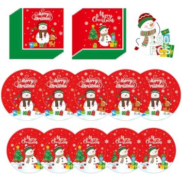 Imagem de Conjunto de pratos e guardanapos de Feliz Natal com 150 peças - Pratos e guardanapos de papel de Natal, boneco de neve, jantar, sobremesa, prato de guardanapo, kit de utensílios de mesa para decoração