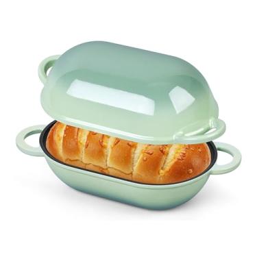 Imagem de Homikit Forno holandês de ferro fundido esmaltado para assar pão, panela oval de 2,8 litros com tampa, pão fermentado assadeira holandesa para assar, verde pistache e serviço pesado