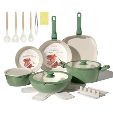 Imagem de Conjunto de panelas de cerâmica 23 peças antiaderentes e frigideiras não tóxicas com alça removível indução conjunto de panelas de cozinha economia de espaço, seguro para forno e lava-louças, verde