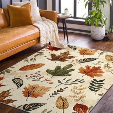 Imagem de 9CH Tapete de área de folhas de outono, 2,8 m x 1,8 m, marrom, fofo, botânico, macio, de lã sintética, antiderrapante, fácil de limpar, tapetes boho para sala de estar, quarto, cozinha