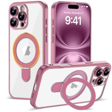 Imagem de Amzfield Capa magnética para iPhone 16 Pro com suporte [compatível com MagSafe] [proteção total da câmera] capa de telefone fina e transparente para iPhone 16 Pro, mulheres, meninas, rosa transparente