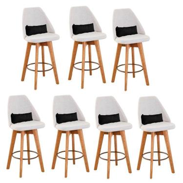 Imagem de Kit 07 Banquetas Alta Maya Giratória Com Encosto Linho Bege Claro e Almofada Suede Preto - Aurora Line