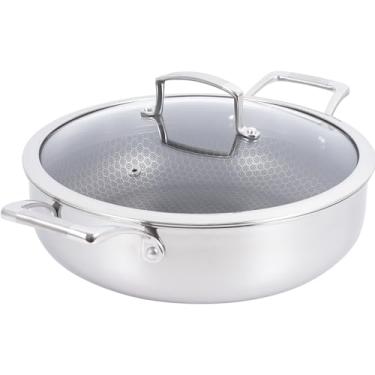 Imagem de Frigideira híbrida antiaderente de 5,28 litros com alças de laço, 28 cm, aço inoxidável de três camadas + tampa de vidro temperado, compatível com todos os cooktops