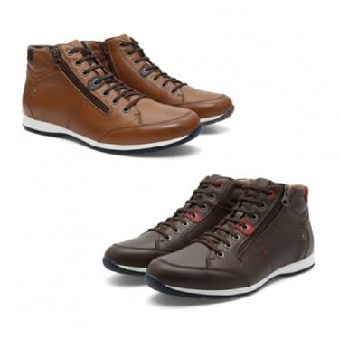 Imagem de Kit 2 Pares Sapatênis Masculino Couro Legítimo Cano Alto Venture com Zíper Lateral (Avelã e Café, BR, Adulto, Numérico, 44)
