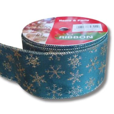 Imagem de Fita Decorativa Natalina, Verde Com Detalhes Dourados 6,3cm x 9,14m, para por em volta da Árvore de Natal, Guirlandas e Enfeites Natalinos, Festas de Final de Ano