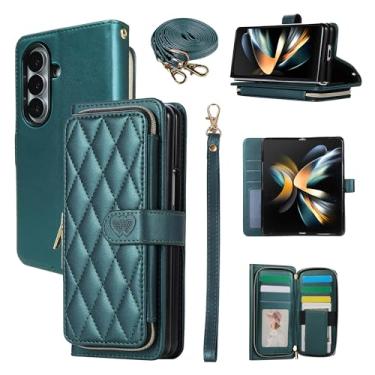 Imagem de YYTVN Capa carteira para Samsung Galaxy Z Fold 7 com zíper e alça de ombro e alça de pulso, bolsa transversal elegante capa protetora para Galaxy Z Fold 7 - verde escuro