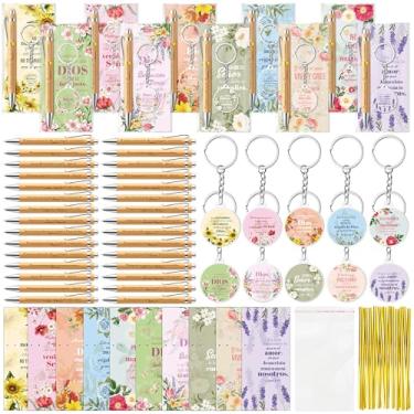 Imagem de ANGOLIO Presentes religiosos cristãos espanhóis – 230 peças, flores coloridas, presente de Natal, Regalos Cristianos en Español, versículo da Bíblia, caneta de bambu, chaveiro para mulheres, homens