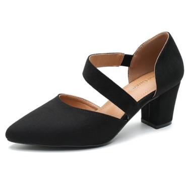 Imagem de Enelauge Sapatos femininos de bico fechado com tiras salto grosso bico fino salto baixo confortável vestido casamento noiva sapatos de formatura, Camurça preta, 38