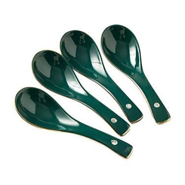 Imagem de Concha de sopa 4 peças colher de jantar cerâmica verde requintado sopa sobremesa multifuncional armazenamento pendurado