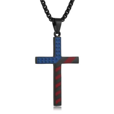 Imagem de HZMAN Colar de cruz com bandeira americana, coleção patriótica, pingente de esmalte de aço inoxidável com corrente de 56 cm em ouro, prata, preto, presente para ele ou ela, Aço inoxidável, Sem Pedra