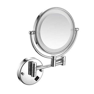 Imagem de Espelho de maquiagem montado na parede, espelho de maquiagem iluminado de 20 cm com ampliação, extensível de dois lados com visão livre de distorção, braço extensível, para penteadeira de banheiro