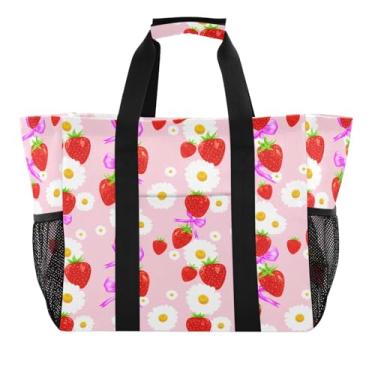 Imagem de Wassud Bolsa de compras reutilizável de morangos com flores, bolsa grande, impermeável, organizadora de lona para praia, piquenique, lavanderia, viagem