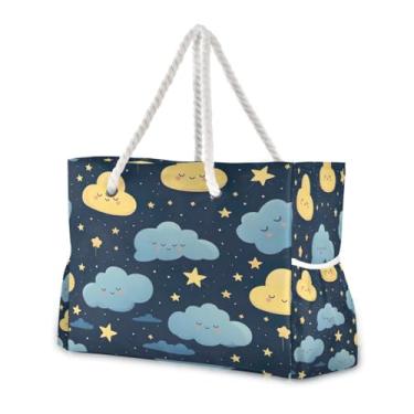 Imagem de Wassud Bolsa de praia feminina grande com desenho animado de nuvem, à prova d'água, à prova de areia, bolsa de viagem com zíper e bolso para piscina, academia, acampamento