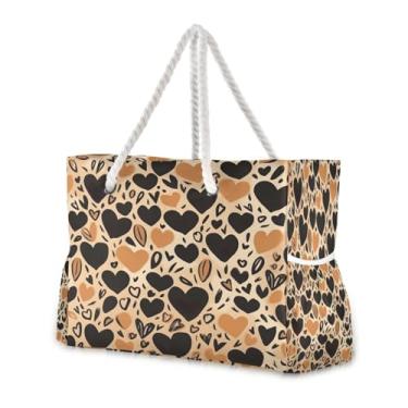 Imagem de Wassud Bolsa de praia preta e amarela com coração grande, bolsa de praia para mulheres, impermeável, à prova de areia, bolsa de viagem com zíper e bolso para piscina, academia, acampamento