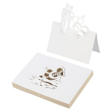 Imagem de PATIKIL 50 peças de cartões de casamento, cartões de visita, papel glitter, vazado, cartão de casamento, etiquetas de assento dobradas para mesa, buffet, recepção, jantar, festa, branco