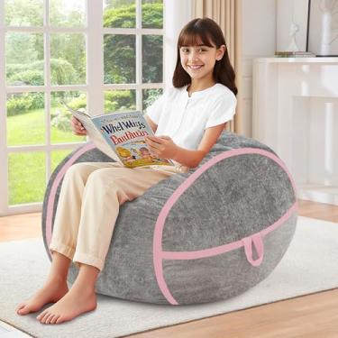 Imagem de HABUTWAY Cadeira de pufe de 6 m, cadeiras pequenas com enchimento de espuma de memória, poltrona de veludo ultramacio com alça portátil, sofá confortável para sala de estar, sem montagem - cinza claro