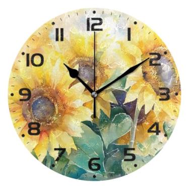 Imagem de JUZIHAI Relógio de parede girassóis silencioso, sem tique-taque, redondo, operado por bateria, fácil de ler, relógio decorativo de parede para casa, cozinha, sala de estar, quarto, escritório, 25 cm