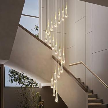 Imagem de Lustre LED em formato de gota de chuva, dimerizável, com 18 lâmpadas, 300 cm de comprimento, grande, em espiral de cristal dourado, luminária de teto pendente moderna para iluminação interna