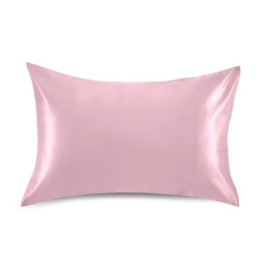 Imagem de JUZIHAI Fronha de cetim rosa de cor sólida para cabelo e pele, capa de almofada respirável macia com fecho de envelope, capa de travesseiro suave e refrescante, tamanho Queen 50 x 76 cm