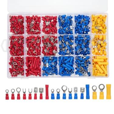 Imagem de CIADAZ Conjunto de terminais de pressão fria 1200PCS Conectores de fio elétrico, terminais de crimpagem de fio isolado, anel de bunda misto garfo pá piggy back kit de sortimento de desconexão rápida