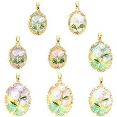 Imagem de KitBeads 8 peças, 8 estilos, pingentes de pintura a óleo esmaltados, ovais de latão com pingente de folha, elegantes pingentes banhados a ouro 18 K para fazer joias, pulseiras, brincos, colar a granel