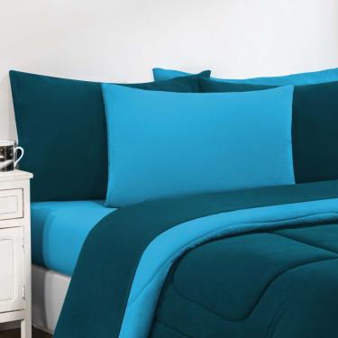 Imagem de Kit Edredom + Jogo De Lençol Malha 100% Algodão Gran Moratta 4 Peças Solteiro - Azul Petróleo/Azul Turquesa